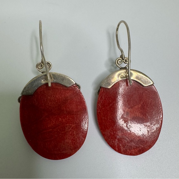 Coral and Peridot Sterling Silver Earrings Oval 925 Scrolled Hook Wires Bohemian - Picture 6 of 13